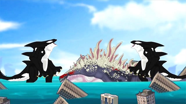 虎鲸哥斯拉变异成功,前后夹击,直接将鲸斯拉消灭