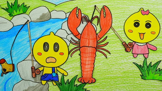 可可手绘  手绘定格动画:豆乐豆咪去河边钓龙虾做烤龙虾吃