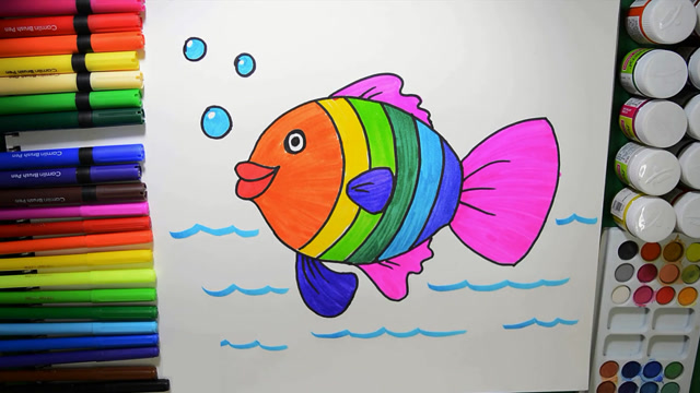 绘制和着色彩虹鱼,为孩子们学习颜色