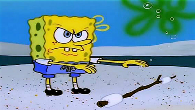 海绵宝宝在做举重比赛,没想到把裤子搞坏了,这可笑坏大家了