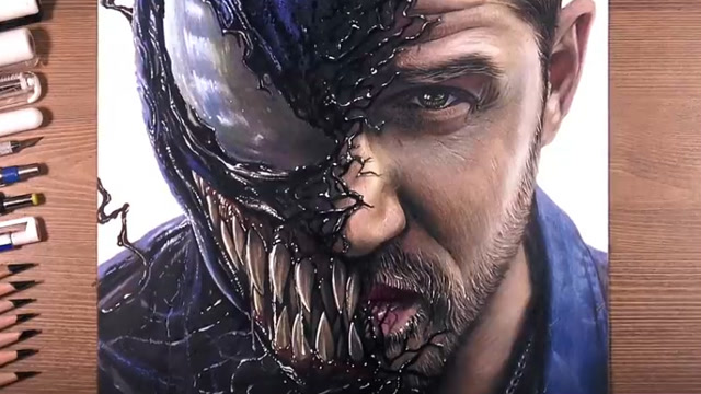 彩色铅笔画,水彩画-给汤姆·哈迪画毒液,这个画的也太像了吧