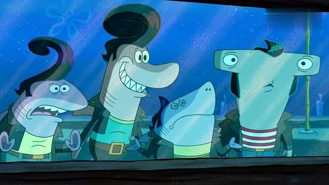 一群鲨鱼邀请海绵宝宝加入鲨鲨帮