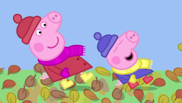小猪佩奇和乔治在秋天的风中翩翩起舞