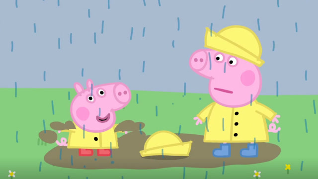 佩奇想不明白乔治为什么在下雨天也要玩跳泥坑,而且还不戴雨帽