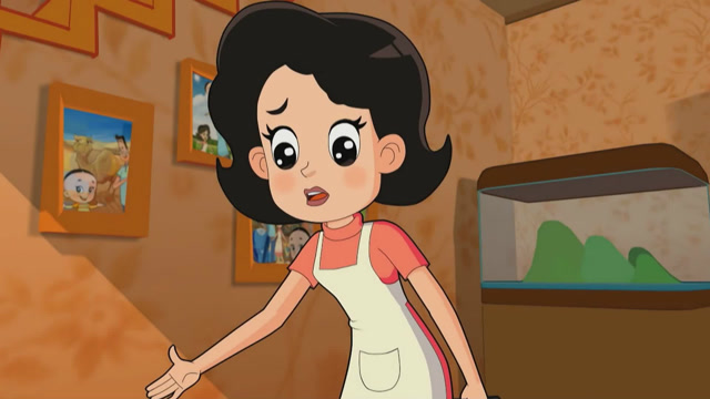 围裙妈妈有声有色的给小头爸爸讲故事,长颈鹿和小乌龟,很是有趣