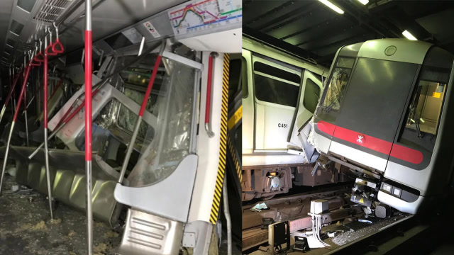 香港两列地铁相撞 车头损毁车厢扭曲变形