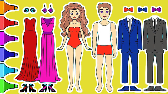 创意手绘剪贴纸,手工制作公主鱼尾公主裙和王子西装