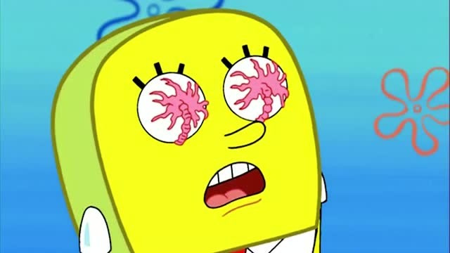 两个粉红色的东西把海绵宝宝眼睛堵上了,看上去有点可怕