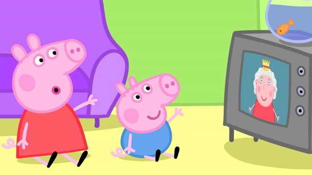 小猪佩奇和乔治在看电视,佩奇和乔治对电视里的女王招手