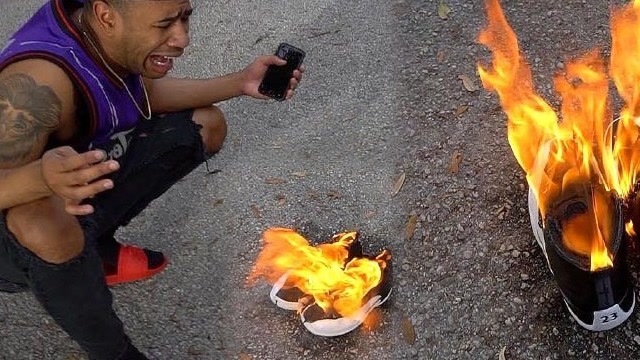 丈夫做错事,妻子让他自己烧aj鞋子,结果他后悔也没用了