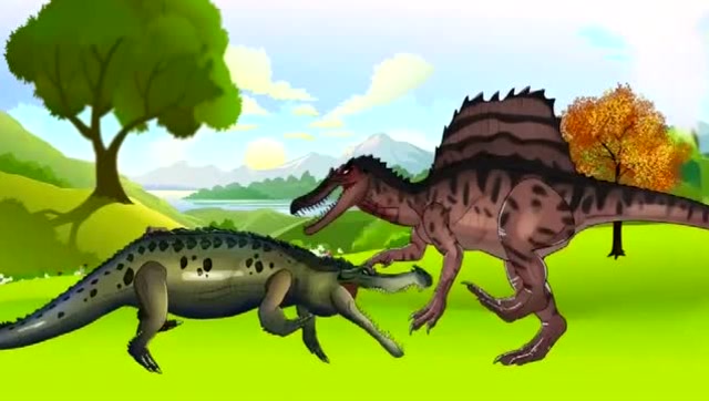 恐龙世界:棘背龙大战鳄鱼_恐龙动漫特效