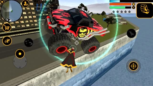 飞天超能英雄 :驾驶巨型大脚车冲向机器人,结果车被踢翻了