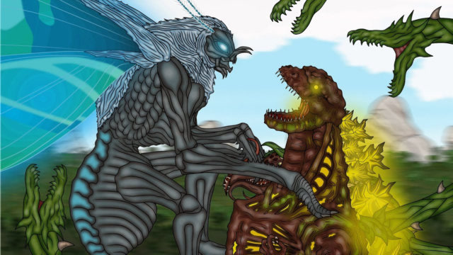 变异蝴蝶为了拯救小哥斯拉,竟和藤条哥斯拉展开大战,场面简直惊心动魄