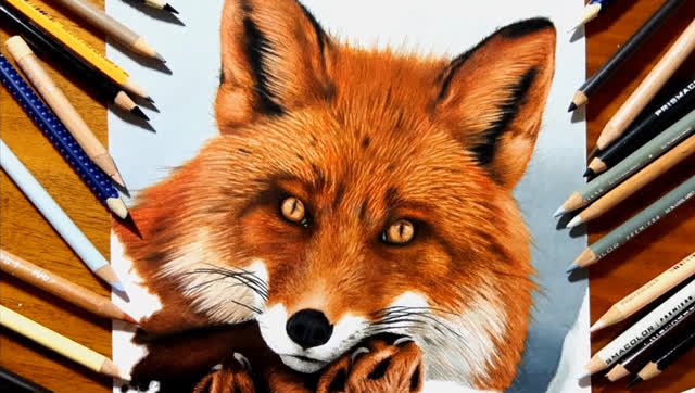 彩色铅笔艺术,画一头红狐狸