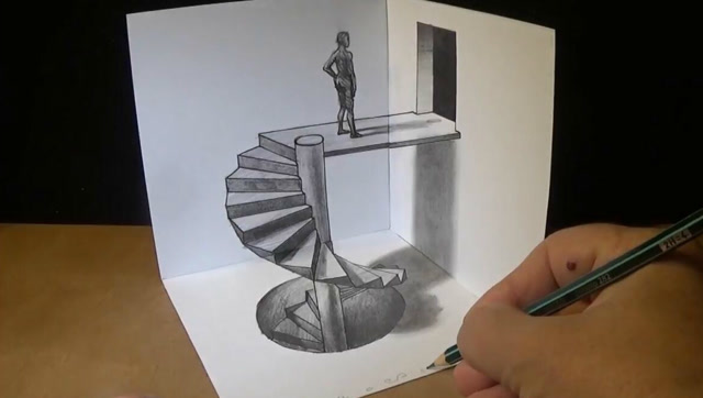 3d裸眼铅笔画,如何画一个盘旋而上的楼梯,看似简单画起来真不容易