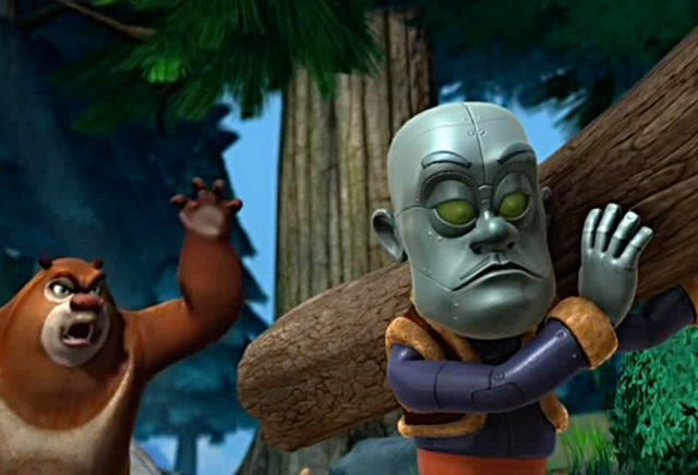 机器光头强力气大本领强,直接把熊大熊二甩飞半空中!