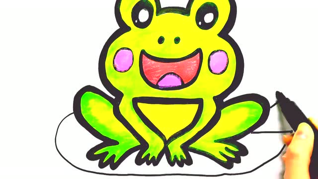 儿童简笔画:1个绿色的小田鸡坐在荷叶上