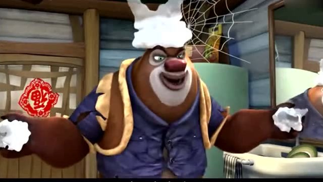 熊出没熊大穿趁光头强洗澡穿他衣服一身猎人装