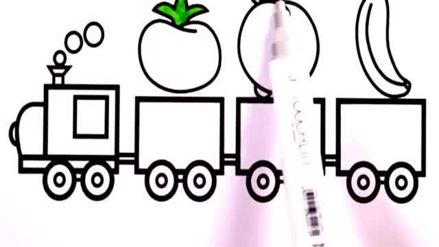 幼儿绘画故事:小火车拉着水果蔬菜嘟嘟嘟冒着烟数数有几个车厢