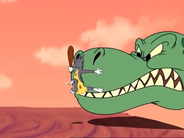 猫和老鼠:汤姆被吸进霸王龙的肚子里,汤姆就在里肚子面钻木取火