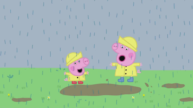 乔治和佩奇穿着雨衣在一片泥坑里开心的跳着,他们最喜欢踩泥坑