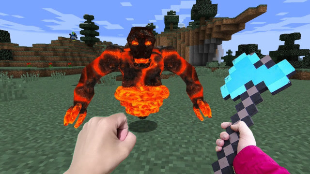 我的世界真人版:菜鸟大战岩浆巨人,想不到怪兽这么难对付