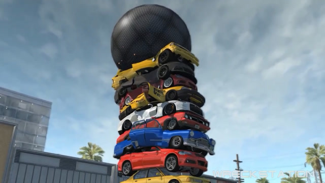 beamng:巨型铁球同时砸扁10辆叠在一起的汽车,太酸爽了!