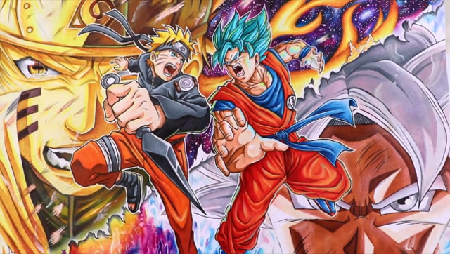 漫画家手绘自在极悟空vs九尾查克拉鸣人 龙珠火影谁比较强?