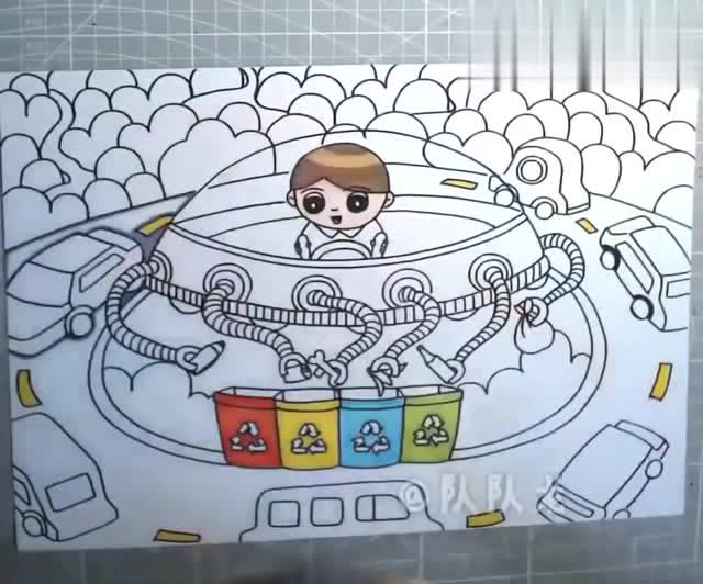 创意环保绘画作品,儿童垃圾分类画展示,画一个可爱的分类机器人
