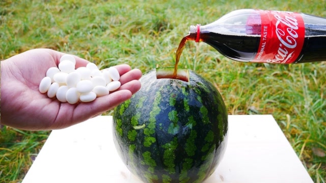 老外将可乐西瓜曼妥思玩出各种新花样,网友:要数那个密封的最为壮观