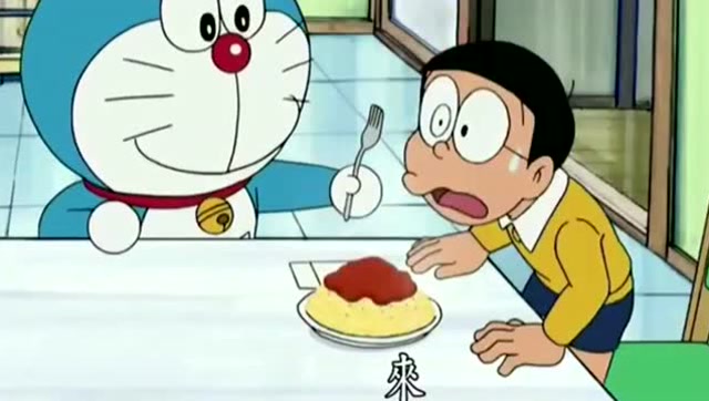 哆啦a梦使用美食香料后,大雄吃妈妈做的面一碗又一碗!