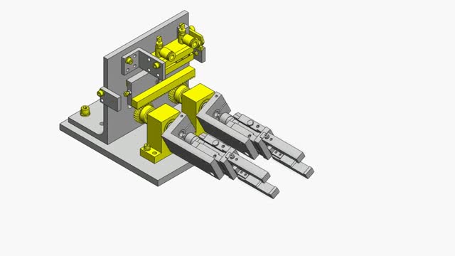 这个3d动画展示了两行旋转90°的夹具的机械结构!