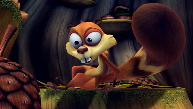 小松鼠以为发生地震,走出一看,原来是光头强在砍树