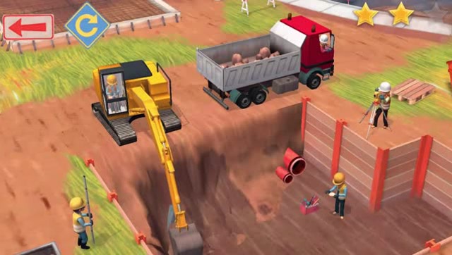 早教益智动画,工地上农民伯伯正在用挖掘机挖地基,准备修建房子!