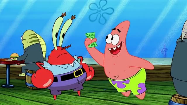 派大星到蟹王堡吃蟹堡,被蟹老板挡住了,怕他没有带钱!