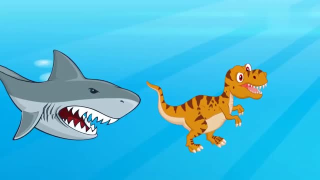 恐龙宝宝下水捉鱼遇到了大鲨鱼,怎么办呢?