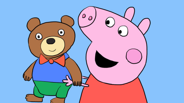 小猪佩奇抱着小熊布偶儿童亲子简笔画