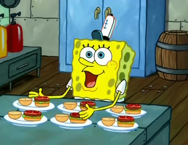 海绵宝宝:海绵宝宝觉得这个肉饼太可爱了,不忍心给顾客吃掉