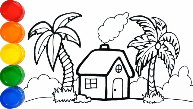手绘填色:如何用棕榈树画房子,这样涂色更漂亮