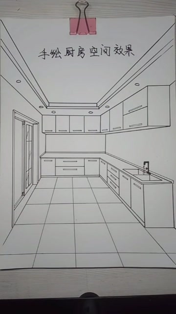 手绘一点透视厨房空间教学