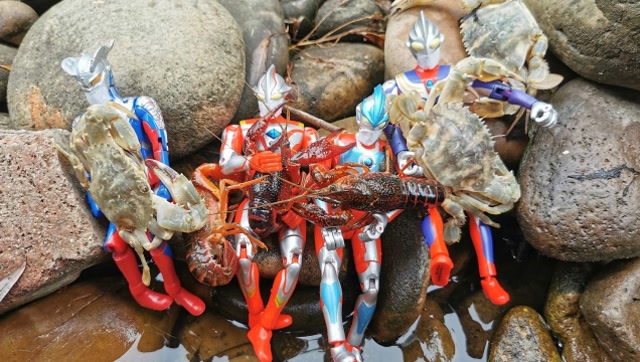 疫情防控期间,迪迦赛罗奥特曼戴口罩去池塘捉小龙虾