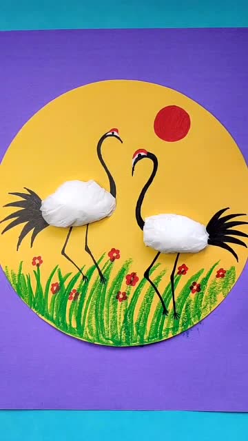 用纸巾做《丹顶鹤》手工贴画,纸巾还可以这样玩,你会了吗