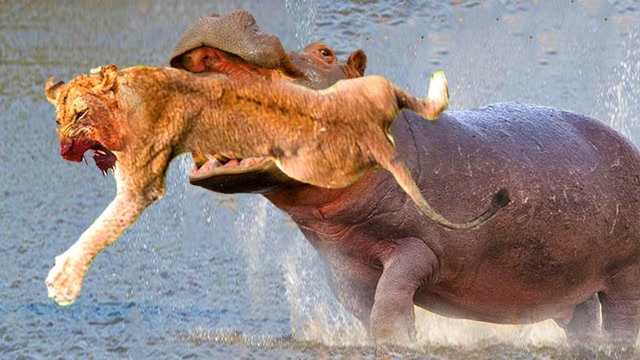 狮子跑去闻河马屁股,惨遭河马一口爆头,这下真成了红烧狮子头!