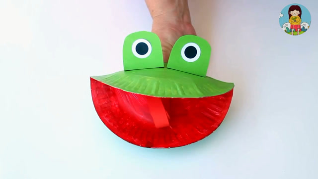 益智早教手工,一次盘子diy手工可爱大嘴青蛙手上玩具,好玩