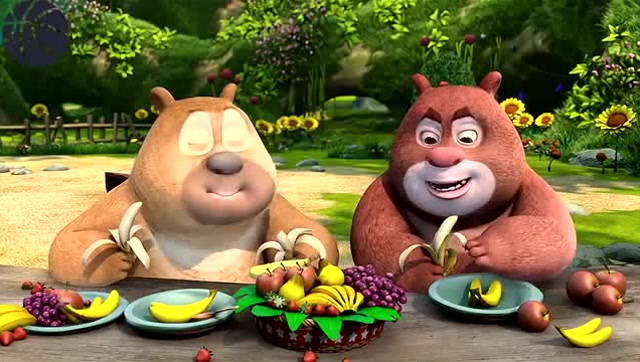 熊出没:熊大和熊二在广场的桌子上发现了许多好吃的