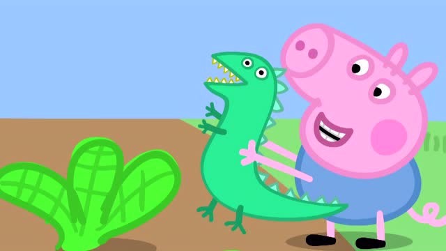 小猪乔治想要喂给恐龙先生吃青菜,但是恐龙先生看起来并不喜欢!