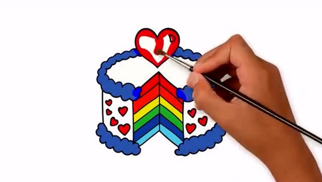 亲子简笔涂色画:彩虹爱心蛋糕,涂颜色右脑开发