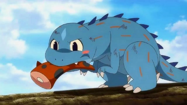 小多隆终于反击了,咬掉了这个胖恐龙的尾巴,但它也掉进了河里