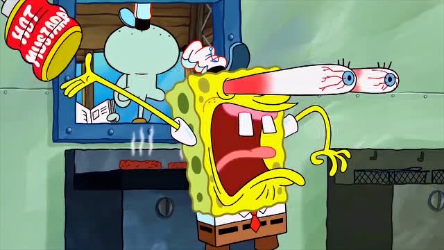 海绵宝宝煎肉饼煎嗨了,竟然开始用眼睛玩起了肉饼,下场太悲惨