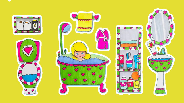 趣味手工制作纸娃娃迷你浴室和洗浴用品